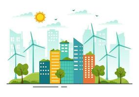 Energie Effizienz im das Stadt Vektor Illustration mit nachhaltig Umgebung zum Elektrizität generiert von Sonne und Wind im Hand gezeichnet Vorlagen