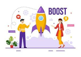 Geschäft Boost Vektor Illustration mit Digital Marketing Rakete Unternehmen Werdegang Erfolg im Entwicklung und profitieren erhöhen, ansteigen im Hand gezeichnet Vorlage