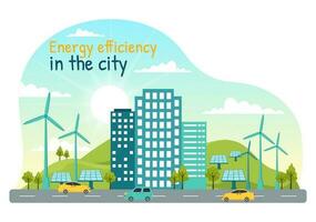 energi effektivitet i de stad vektor illustration med hållbar miljö för elektricitet genererad från Sol och vind i hand dragen mallar
