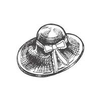 Hand gezeichnet Korbweide Stroh Hut skizzieren. Sommer- Kopf Zubehörteil isoliert auf Weiß Hintergrund. Jahrgang Vektor Illustration im Gravur Stil.