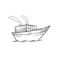 hand dragen skiss av fartyg, ångbåt, ångare. årgång vektor illustration isolerat på vit bakgrund. klotter teckning.