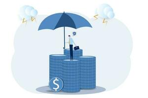Geschäftsmann halten stark Regenschirm zu schützen Geld Münze, schützen finanziell Stabilität. erhöhen, ansteigen Anlagegut Sicherheit. Ersparnisse, Einlagen, oder Pensionierung Mittel. vektor