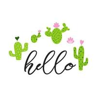 text Hej hand dragen söt grön kaktus med rosa hjärtan tryckbar bakgrund sommar Hem dekor kaktusar söt hälsning kort mall baner märka logotyp tecken affisch tecken skriva ut symbol vektor illustration.