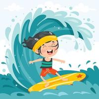 glückliche Zeichentrickfigur, die auf See surft vektor