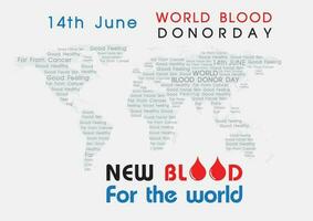Leistungen von Blut Spende im Welt Karte mit Slogan von Veranstaltung im kreativ Design und das Tag, Name von Welt Blut Spender Tag auf grau Hintergrund. vektor