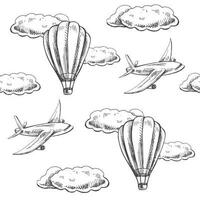Hand gezeichnet Vektor Abbildungen - - nahtlos Muster von Ballon, Flugzeug und Wolken. tropisch Hintergrund. perfekt zum Einladungen, Gruß Karten, Poster, Drucke, Banner, Flyer usw