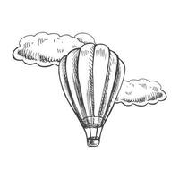 Hand gezeichnet skizzieren von heiß Luft Ballon mit Wolken. Jahrgang Vektor Illustration isoliert auf Weiß Hintergrund. Gekritzel Zeichnung.