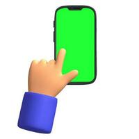 3d machen Karikatur Finger klicken auf Smartphone mit Grün Bildschirm isoliert Symbol Vektor Illustration
