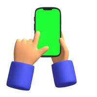 3d machen Karikatur Finger klicken auf Smartphone mit Grün Bildschirm und Hand halten ein Telefon isoliert Symbol Vektor Illustration
