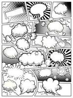 Comic Buch schwarz und Weiß Seite Vorlage geteilt durch Linien mit Rede Blasen. Vektor Illustration.