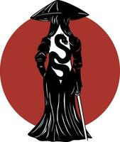 ga schön Samurai Mädchen im japanisch Rüstung mit ein Katana auf ihr Schulter, Stehen im Profil gegen das rot Sonne und Wald, ihr Haar fliegend im das Wind. 2d Illustration. vektor