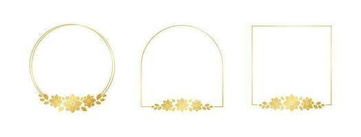 guld geometrisk blommig ram mall uppsättning. lyx gyllene ram gräns för inbjudan, bröllop, certifikat. vektor konst med blommor och löv.