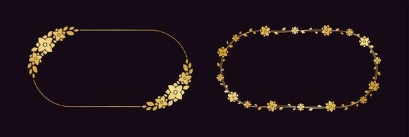 Gold Oval Blumen- Rahmen Satz. Luxus golden Rahmen Rand zum einladen, Hochzeit, Zertifikat. Vektor Kunst mit Blumen und Blätter.