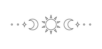 himmlisch Text Teiler mit Sonne, Sterne, Mond Phasen, Halbmonde. aufwendig Boho Mystiker Separator dekorativ Element vektor