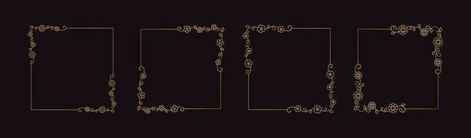 botanisk guld fyrkant ram uppsättning. enkel linje gräns, löv och blommor, bröllop inbjudan och kort, logotyp design och posters mall. elegant minimal stil blommig vektor isolerat