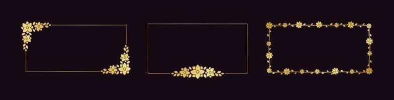 Rechteck Gold Blumen- Rahmen Satz. Luxus golden Grenzen zum Einladung, Karte, Hochzeit, Zertifikat. Vektor Kunst mit Blumen und Blätter.