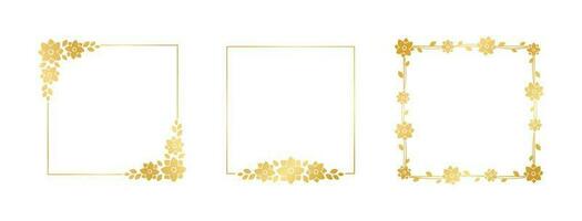 Platz Gold Blumen- Rahmen Sammlung Satz. Luxus golden Rahmen Rand zum einladen, Hochzeit, Zertifikat. Vektor Kunst mit Blumen und Blätter.