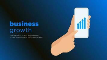 Hand zeigen Smartphone mit Geschäft Wachstum Pfeil auf ein dunkel Blau Vektor Hintergrund
