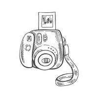 Hand gezeichnet skizzieren von Kamera, Schießen Ausrüstung. Jahrgang Vektor Illustration isoliert auf Weiß Hintergrund. Gekritzel Zeichnung. Digital Technologie.