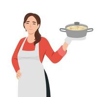 Hausfrau Mädchen Kochen Lebensmittel. jung Frau Kochen köstlich Gemüse Suppe. halten schwenken mit Suppe vektor