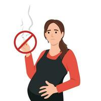 Nej rökning medan gravid begrepp vektor illustration. gravid kvinna inuti Nej rökning tecken i platt design.