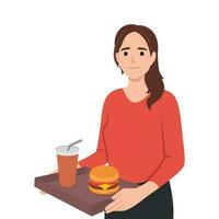 ngesund Essen und Fett Diät Konzept. jung lächelnd Frau Karikatur Charakter Stehen halten Tablett mit Burger und Limonade trinken ungesund Essen vektor