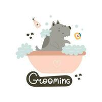 grooming. tecknad serie hund, dekor element. platt stil, färgrik vektor för ungar. grooming. bebis design för kort, affisch dekoration, t-shirt skriva ut