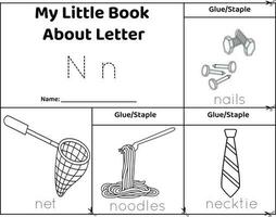 logisk tryckbar kalkylblad alfabet början ljud flip bok i svart och vit.bokstav n, naglar, netto, spaghetti, slips vektor