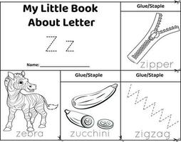 logisch druckbar Arbeitsblatt Alphabet Anfang Geräusche Flip Buch im schwarz und weißer.Buchstabe z, Reißverschluss, Zebra, Zucchini, Zickzack- vektor