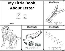 logisk tryckbar kalkylblad alfabet början ljud flip bok i svart och vit.bokstav z, dragkedja, zebra, zucchini, sicksack- vektor