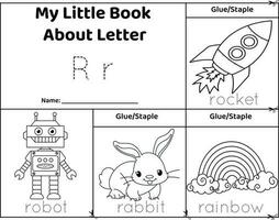 logisch druckbar Arbeitsblatt Alphabet Anfang Geräusche Flip Buch im schwarz und weißer.Buchstabe R, Rakete, Roboter, Kaninchen, Regenbogen vektor