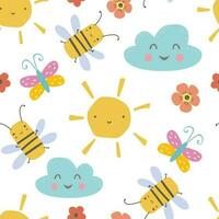 bunt nahtlos Muster mit komisch Bienen, Schmetterlinge und Wolken. Hintergrund mit süß Kinder Zeichnungen. eben Vektor Illustration.