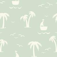 nahtlos nautisch Muster mit Silhouetten von Palme Bäume und Segelboote auf das Meer. wiederholen Sommer- Hintergrund. Farbe Vektor Illustration