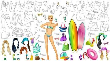 Sommer- Outfit Färbung Seite Papier Puppe mit Kleidung, Frisuren und Zubehör. Vektor Illustration