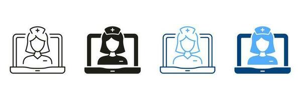 Video medizinisch Bedienung schwarz und Farbe Piktogramm. Telemedizin Symbol Sammlung. Fernbedienung virtuell Arzt Frau im Laptop Linie und Silhouette Symbol Satz. online Beratung. isoliert Vektor Illustration.