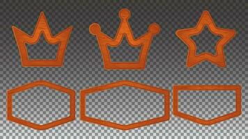 orange trä vektor krona och stjärna tecken styrelse ram tecknad serie ikon. trä- sexhörning skylt baner planka med textur för ui meny gränssnitt. retro rustik isolerat anslagstavla bruka element samling