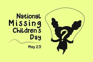 Typografie von National fehlt Kinder Tag auf kann 25 mit Silhouette von Kind spielen springen Seil. Ferien Konzept. Vorlage zum Hintergrund, Banner, Karte, Poster. vektor
