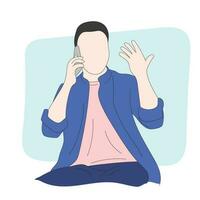 Linie Kunst Mann mit Smartphone mit Hand Geste Illustration Vektor Hand gezeichnet isoliert auf Weiß Hintergrund