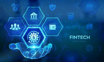 fintech. finansiell teknologi, uppkopplad bank och crowdfunding ikon i trådmodell hand. företag investering bank betalning teknologi begrepp på virutal skärm. vektor illustration.