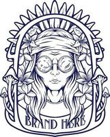 Hippie Mädchen Blumen- Pilze Abzeichen Etikette Gliederung Vektor Abbildungen zum Ihre Arbeit Logo, Fan-Shop T-Shirt, Aufkleber und Etikette Entwürfe, Poster, Gruß Karten Werbung Geschäft Unternehmen oder Marken