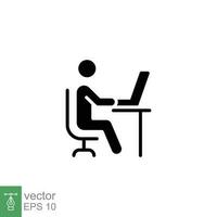 Mann hinter Computer Schreibtisch Symbol. einfach solide Stil. Person, arbeiten, Laptop, Tisch, Stuhl Büro Konzept. schwarz Silhouette, Glyphe Symbol. Vektor Illustration isoliert auf Weiß Hintergrund. eps 10.