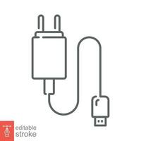 uSB mobil telefon laddare ikon. enkel översikt stil. tråd laddare, energi, mobiltelefon, teknologi begrepp. tunn linje symbol. vektor illustration isolerat på vit bakgrund. redigerbar stroke eps 10.