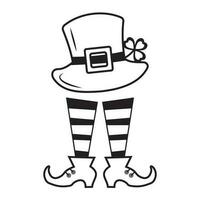 festlig hatt med klöver och fötter i stövlar för Patricks dag, svart översikt i klotter stil vektor