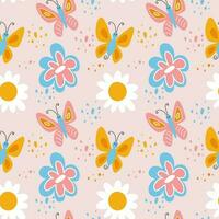 Kinder nahtlos Muster mit süß Gekritzel Schmetterlinge und Blumen. Vektor Illustration im einfach kindisch Stil