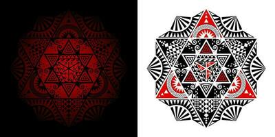 geometrisch thailändisch Muster gemischt Kunst, polynesisch Kunst, Mandala Kunst. im das gestalten von Sechsecke, Dreiecke und sechszackig Sterne. links Bild ist verschmelzen, richtig Bild ist isoliert. Vektor Illustration.