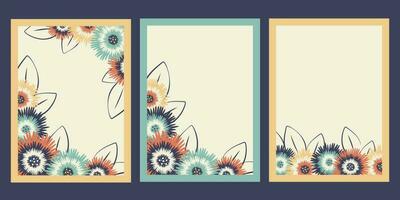 uppsättning av blommig hälsning kort med kopia Plats för text. blomma bakgrunder med växter, vildblommor, blad silhuetter. vektor illustration för banderoller, affischer, hälsning mall, skriva ut