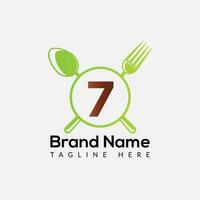 restaurang logotyp på brev 7 mall. mat på 7 brev, första kock tecken begrepp vektor