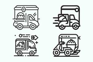 Essen Lieferung Symbol Satz, Linie Kunst schwarz und Weiß Essen Lieferung Bedienung Vektor Symbole, Gliederung Stil, sauber einfach Design isoliert auf Weiß Hintergrund