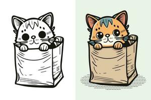 das Charakter von ein wenig Katze im ein Papier Einkaufen Tasche, süß Katze, Katze Karikatur, Katze Zeichnung, Katze Maskottchen vektor