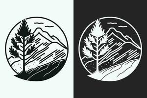 berg skiss, översikt stil svart och vit bergen och träd vektor, berg träd ikon illustration, berg logotyp vektor